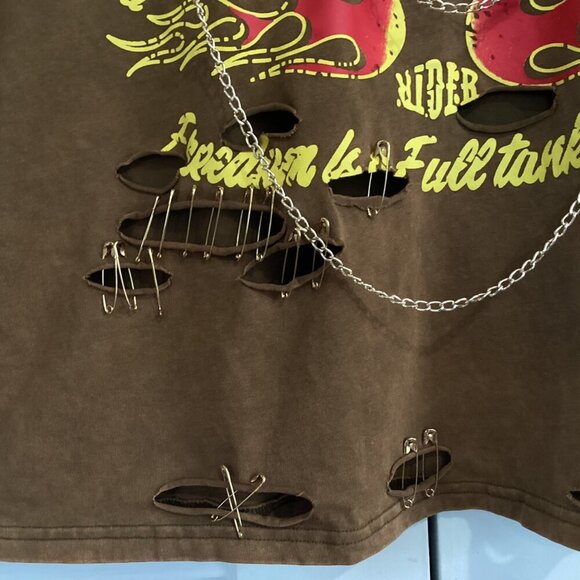 AKIRA Freedom Oversized Tee Size L Motorcycle Distressed Brown T-Shirt W/Chains - Picture 7 of 13